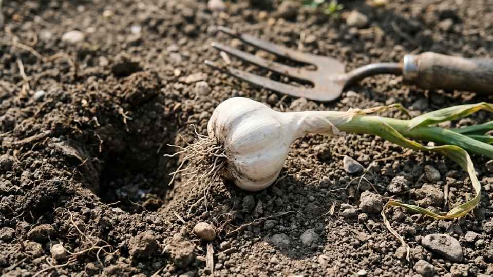 Single garlic bulb pulled from soil for test pull before full harvest