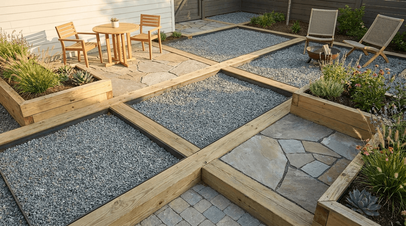 Grid of timber or steel-edged squares with gravel and flat stone sections, chairs staged in some sections, sunlight highlights layout.