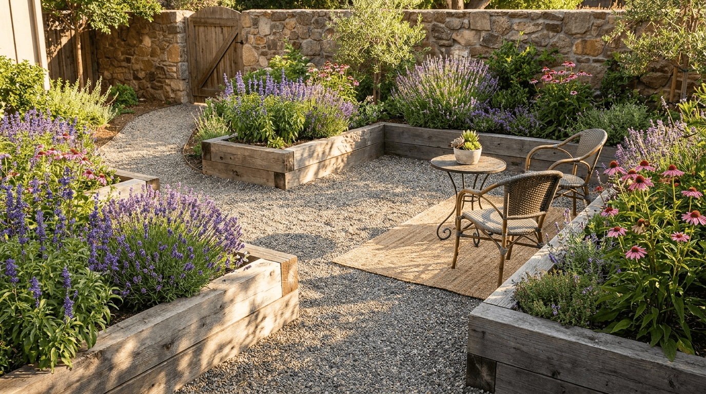 Central gravel courtyard surrounded by timber raised beds with drought-tolerant plants, chairs and table staged, sunlight highlights gravel and beds.