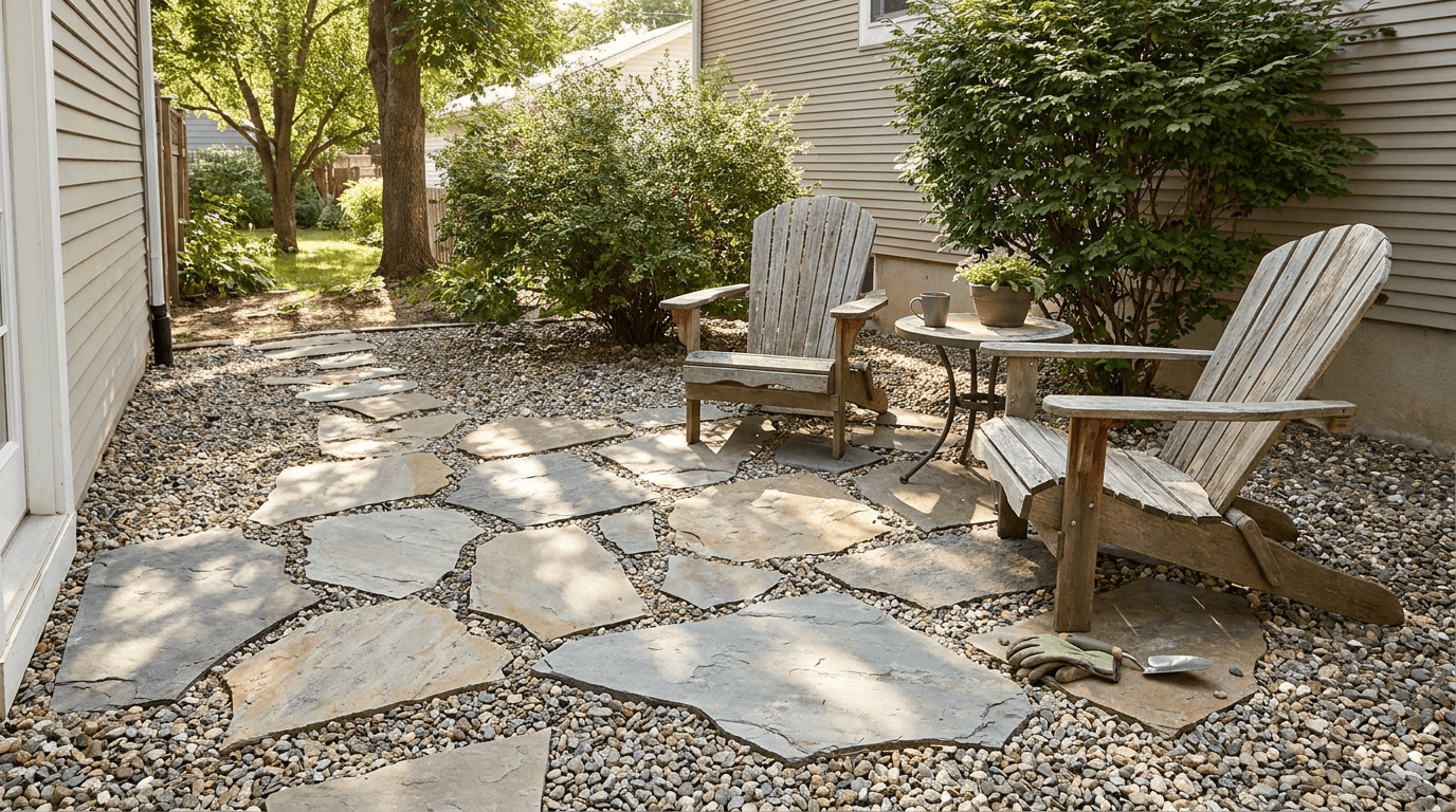 Loose flagstones across pea gravel base in narrow backyard, small table and chairs, natural sunlight, soft shadows.