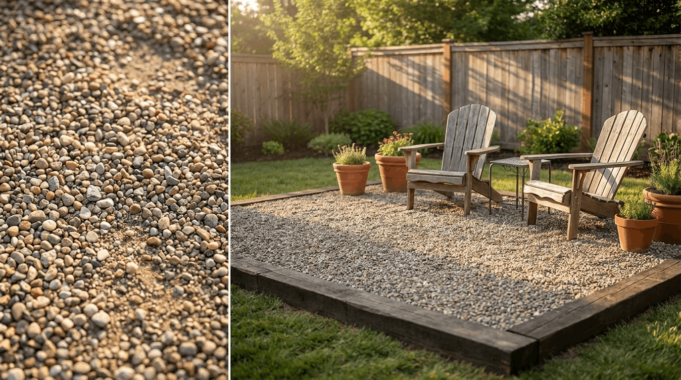 Wide-angle backyard with gravel patio, pea gravel and crushed stone, timber edging, Adirondack chairs, and plants.