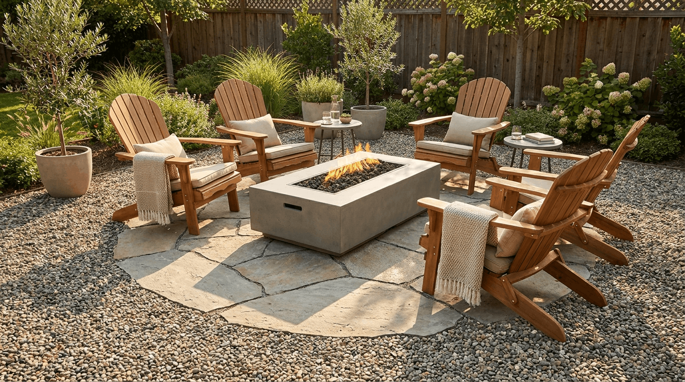 Gravel patio with gas fire pit table on stone or paver pad, gravel extends for seating, chairs and table staged.