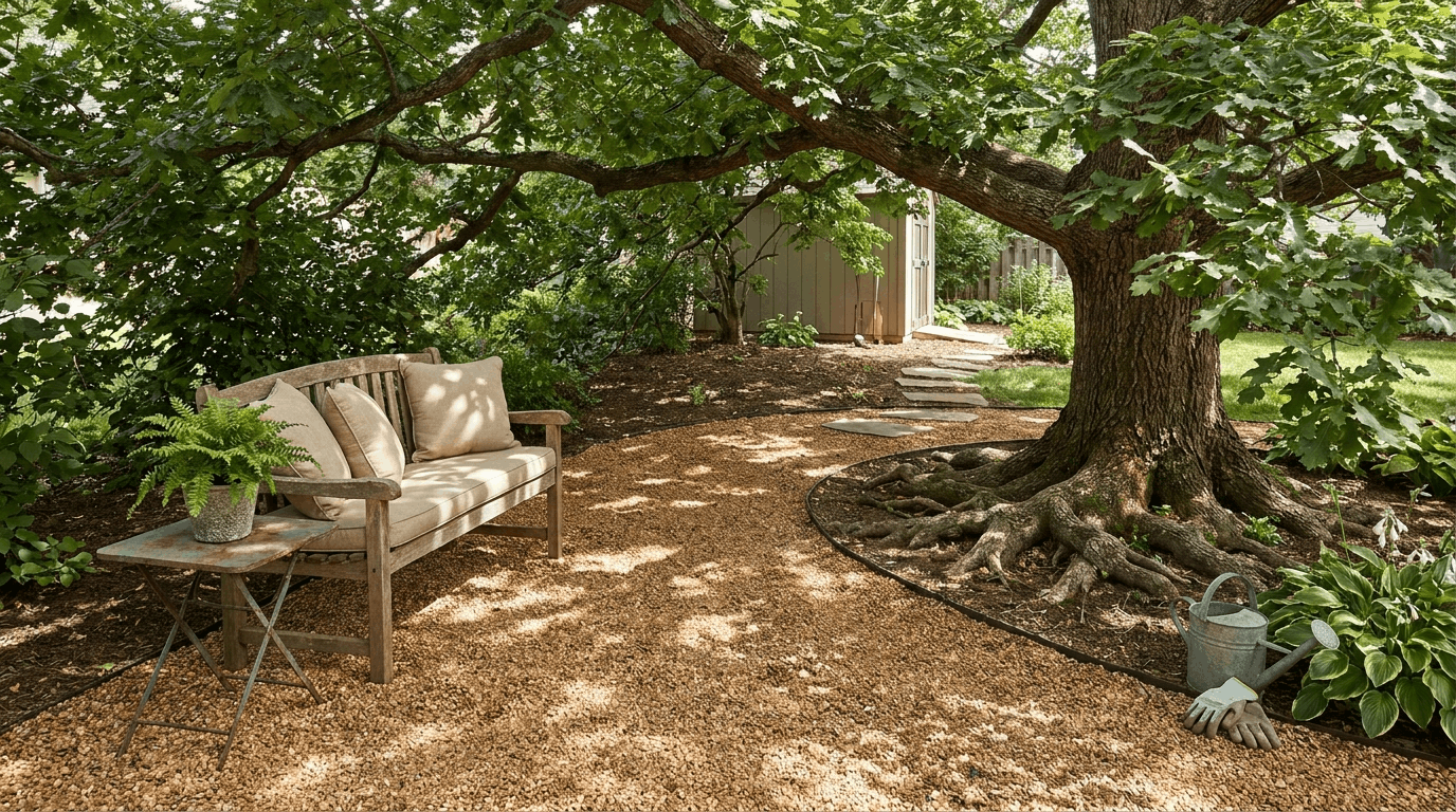 Shaded gravel patio under mature tree, bench seating, dappled sunlight, gravel adapts around roots without cracking.