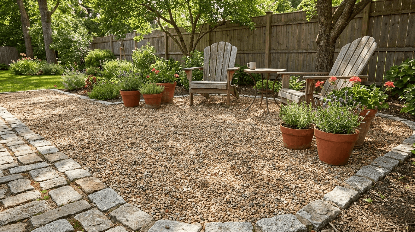 Gravel patio with salvaged cobblestone border, seating area with chairs and small table, natural sunlight highlighting textures.