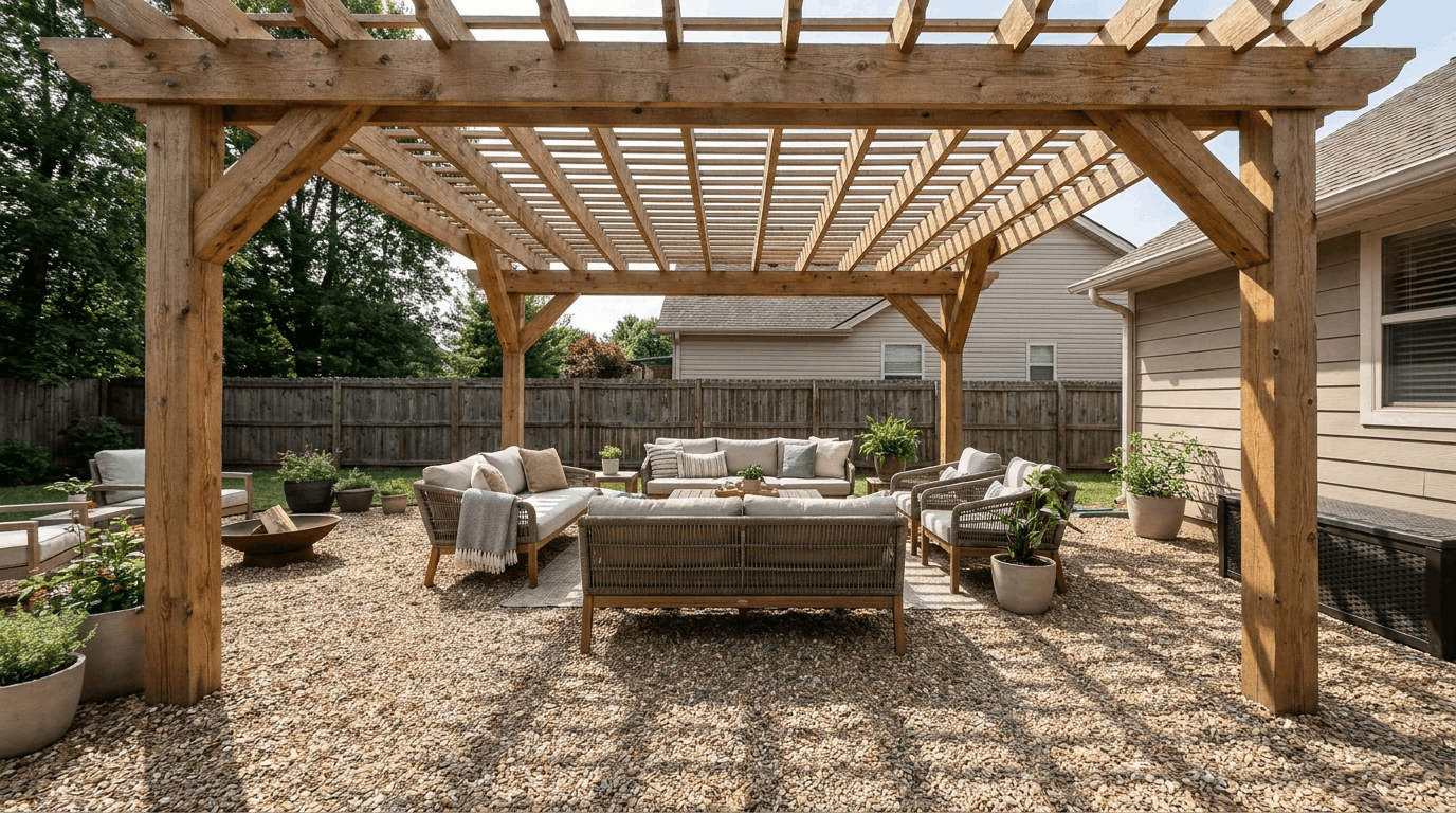 Gravel patio under timber pergola, seating beneath beams, sunlight filtering through, soft shadows and textures, cozy outdoor space.