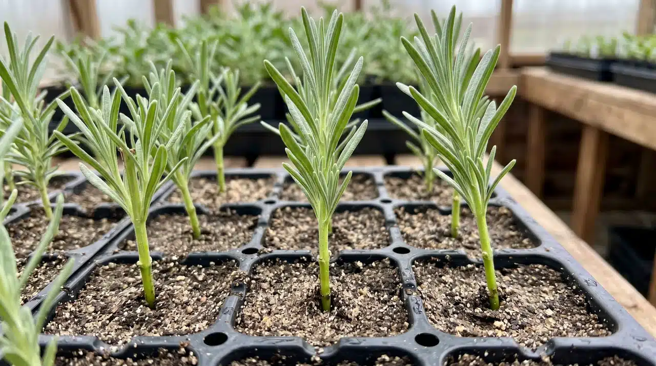 Lavender cuttings planted in sandy soil nursery trays under natural light, showing propagation process for growing lavender from cuttings.