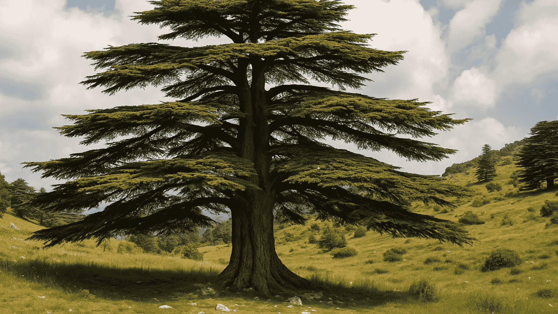How to plant and care for a Lebanese cedar tree growing in an open landscape with layered branches.