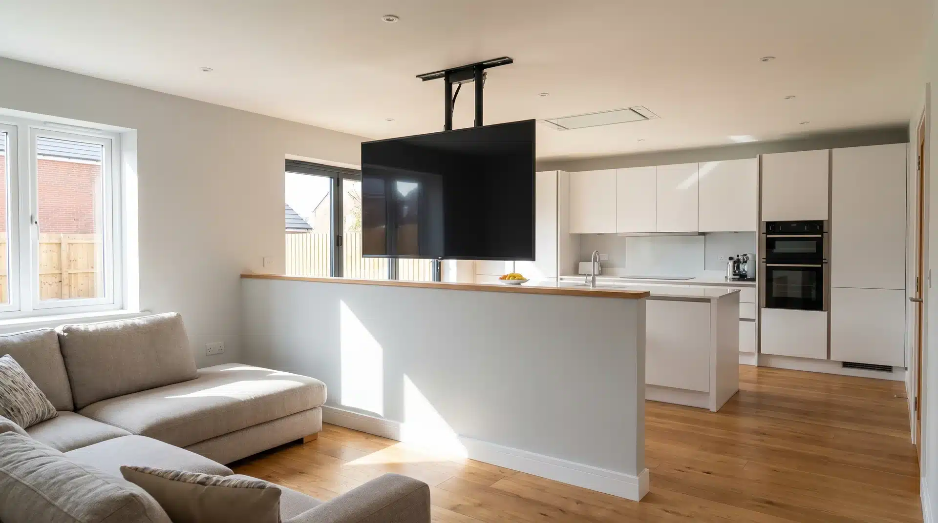 Half-height stud wall media divider with TV on top separating living area from kitchen in a open-plan home