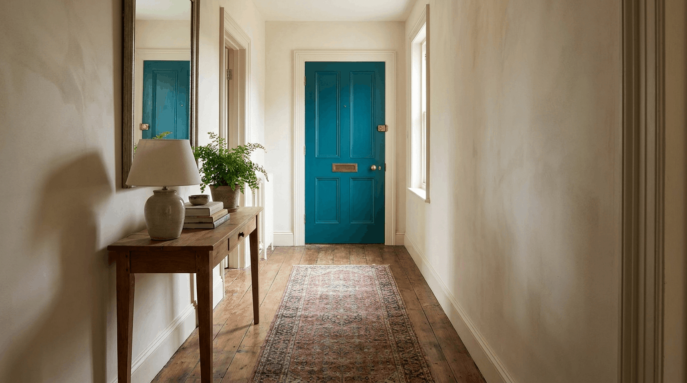 Narrow hallway with bold-colored front door at end, runner rug along floor, slim console table staged.