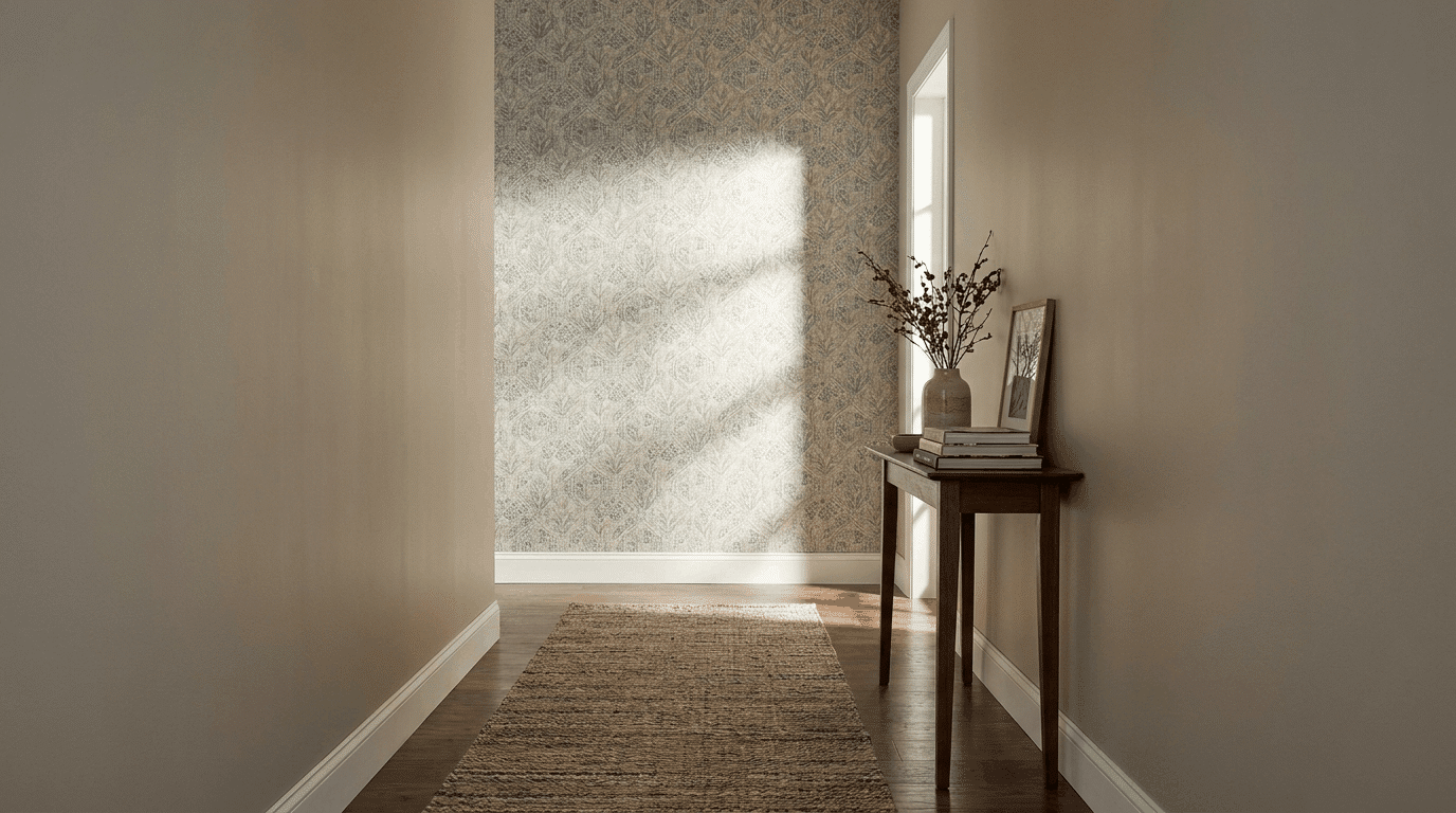 Hallway end wall with patterned peel-and-stick wallpaper, neutral paint on other walls, runner rug along floor.