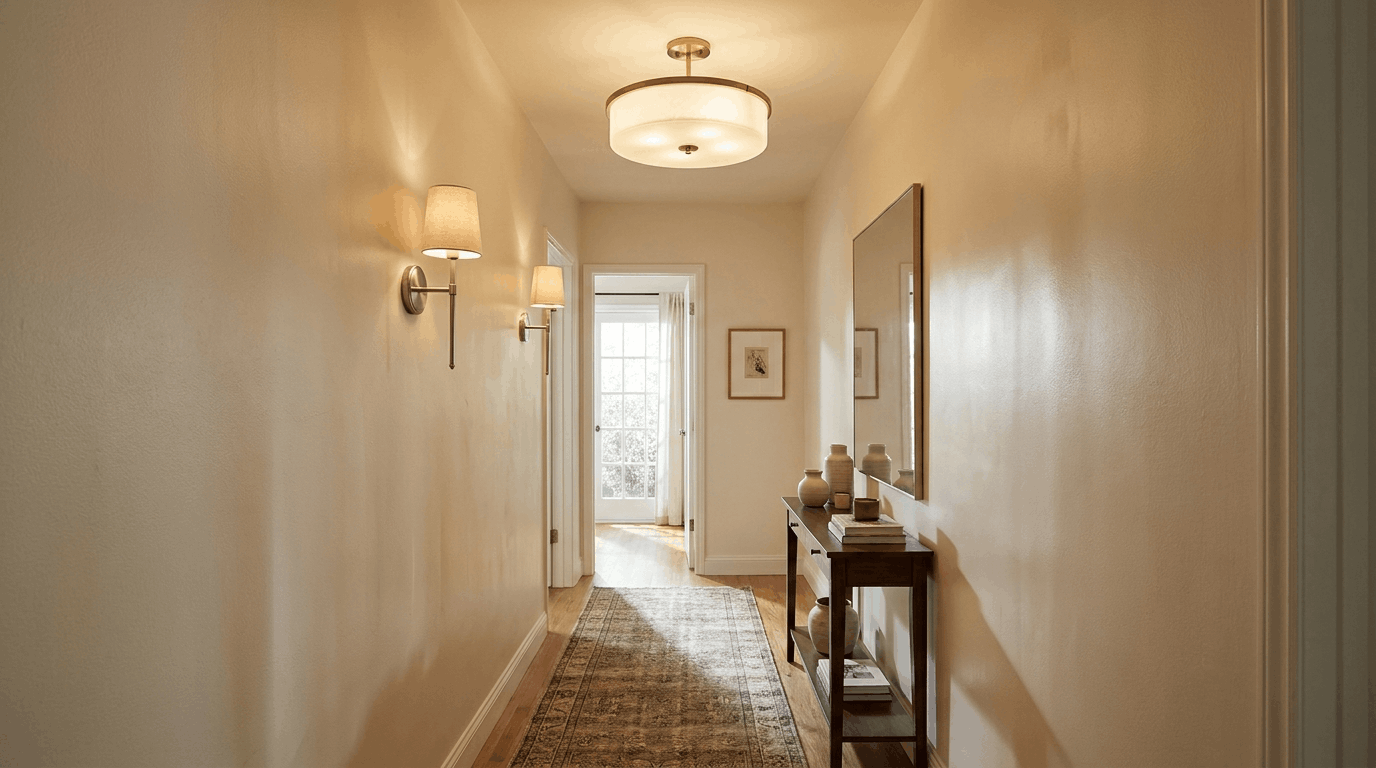 Hallway with semi-flush ceiling pendant or wall sconces replacing flat mount, runner rug along floor.