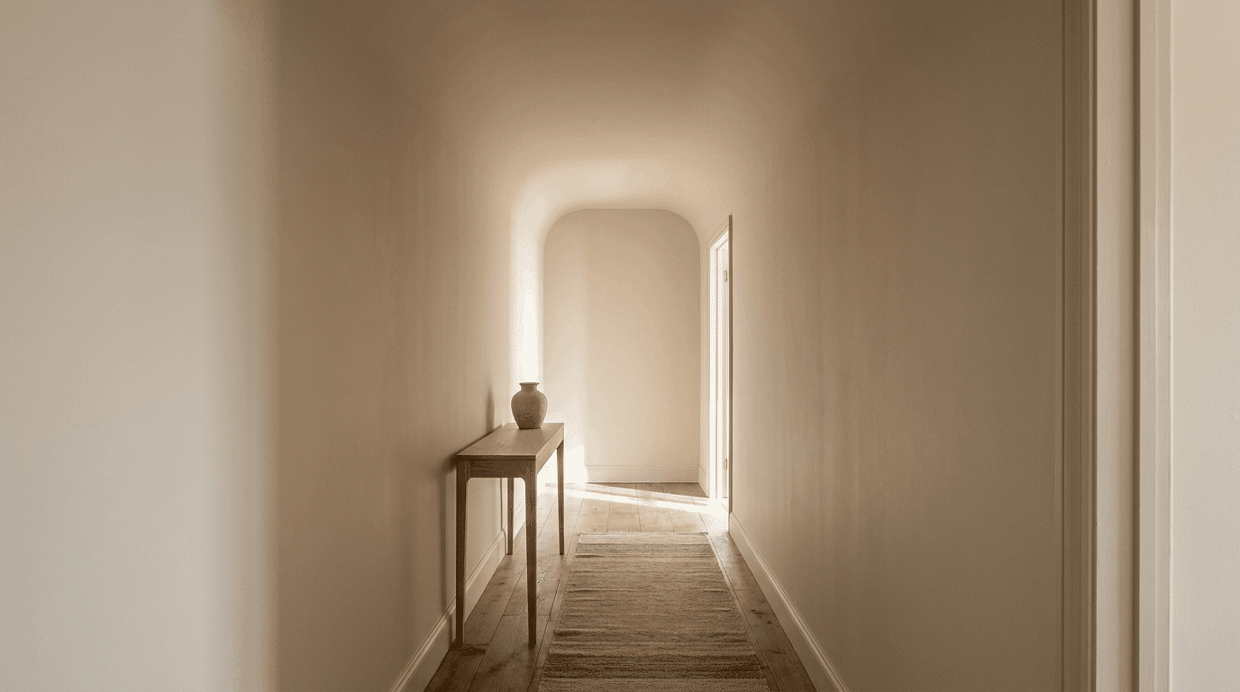 Narrow hallway with walls and ceiling painted same neutral color, runner rug, and slim console.