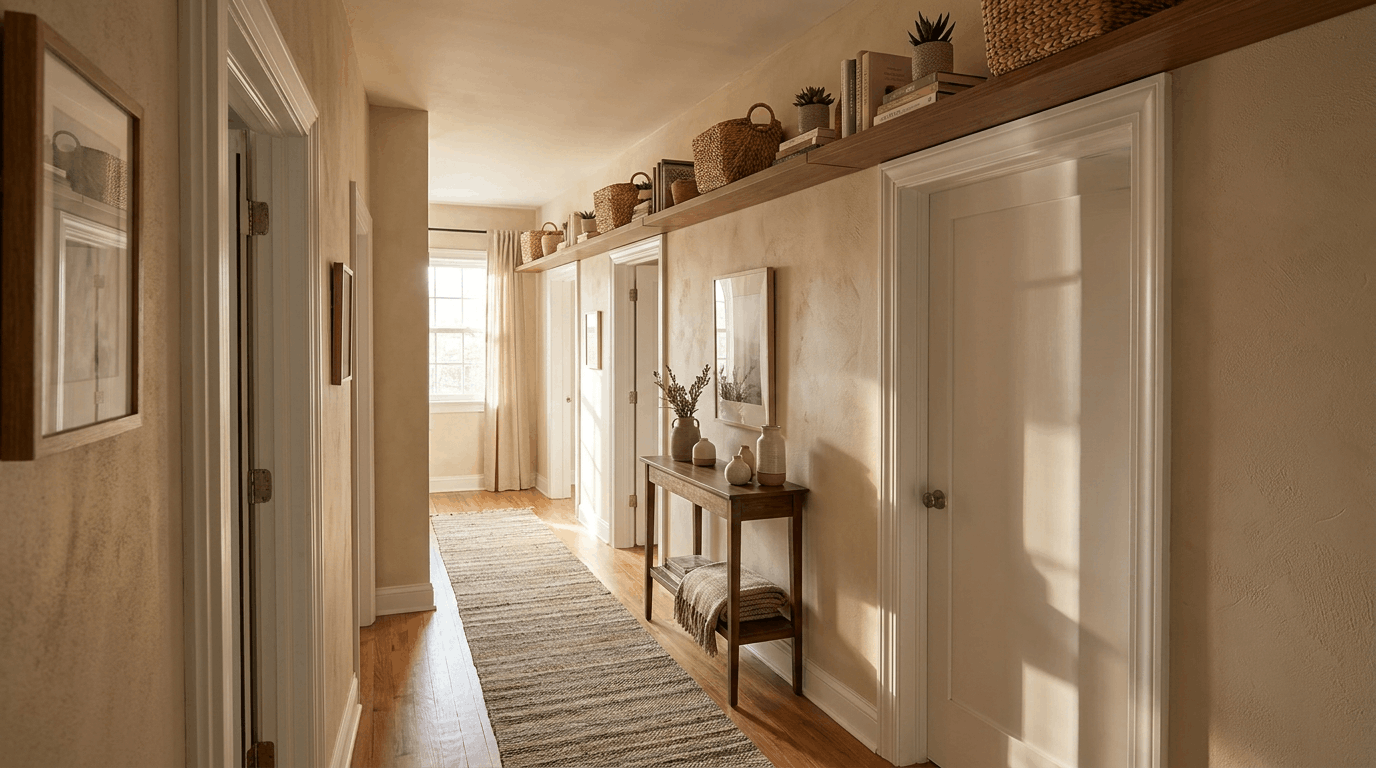 Slim shelf mounted above doors with baskets or small plants, runner rug along hallway floor.