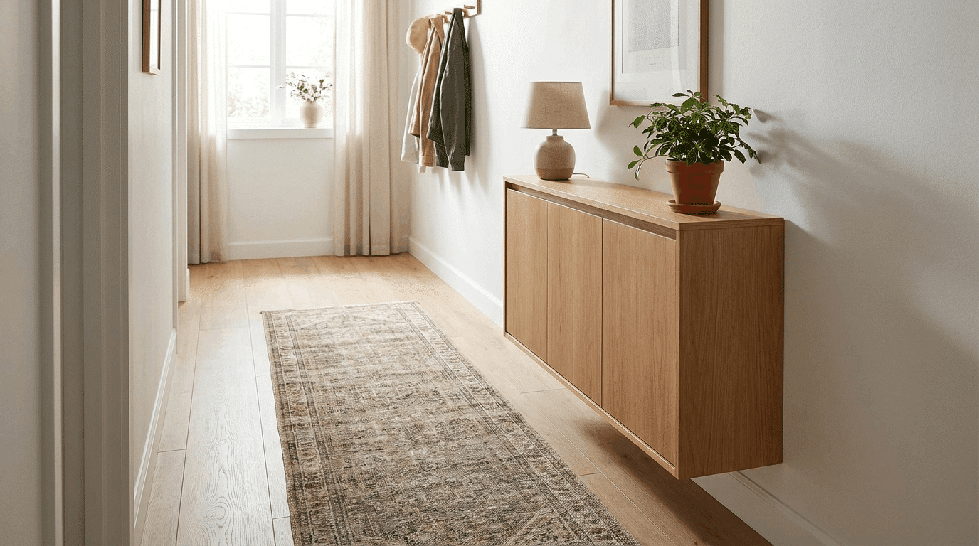 Hallway with slim console table featuring drawer, runner rug, soft daylight illuminating narrow corridor.