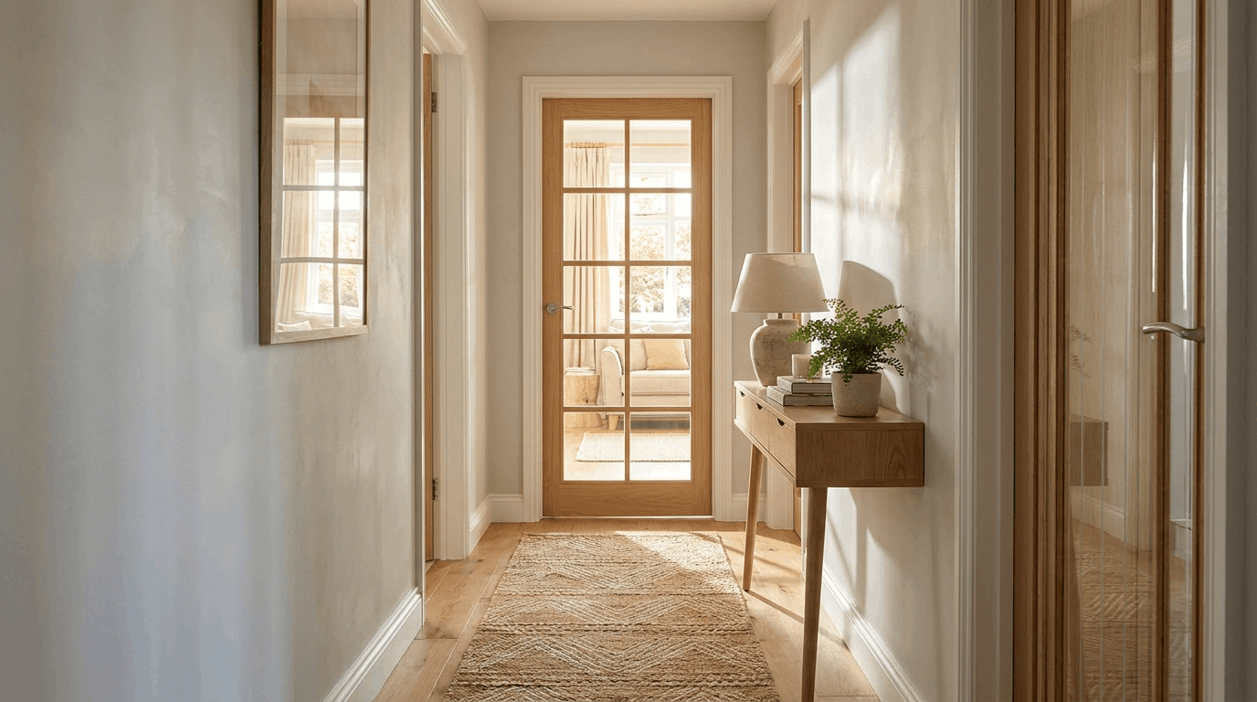 Hallway with glazed internal door allowing light from adjacent room, slim console and runner rug staged.