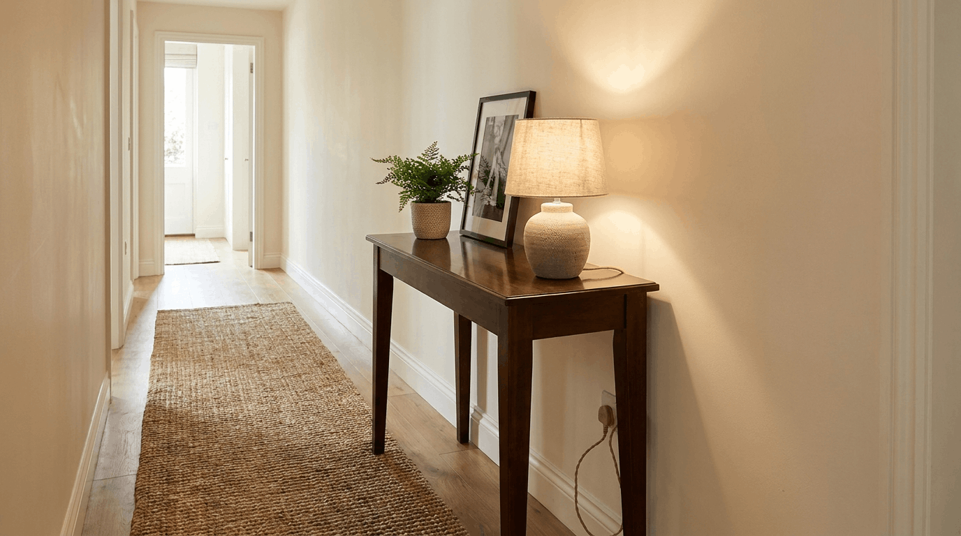 Small Hallway Ideas including a slim console table with small lamp on top, runner rug along hallway, minimal decor staged.