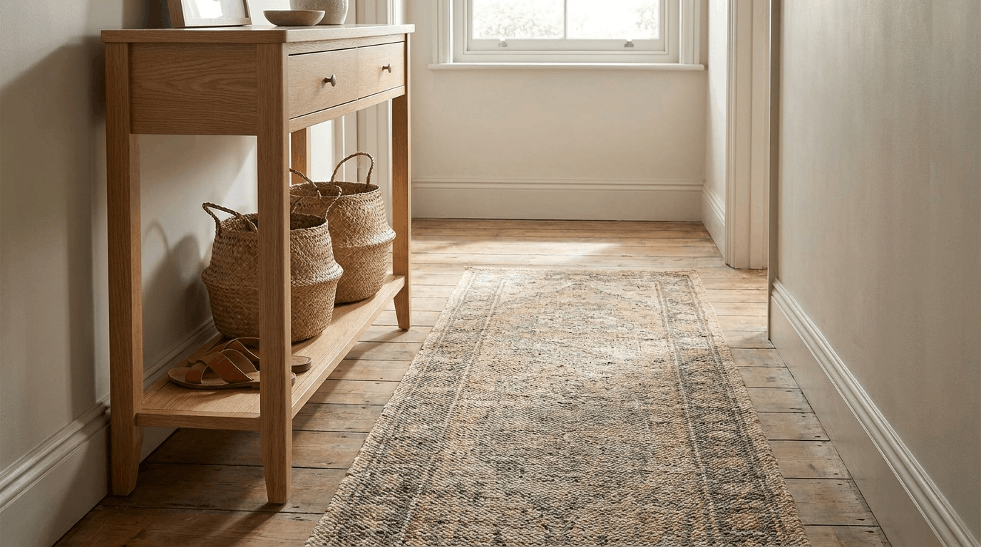 Narrow corridor with low-pile runner rug extending lengthwise, slim console, and minimal furniture.