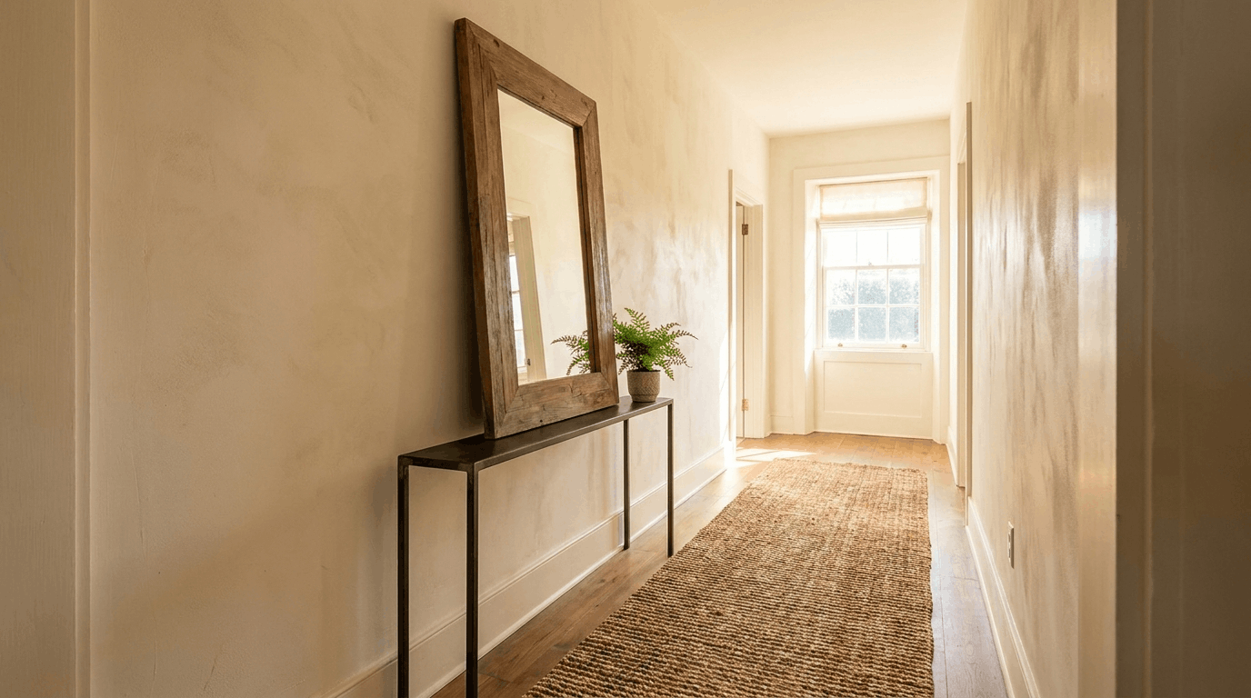 Narrow hallway with large leaned mirror angled against wall, reflecting light and brightening corridor.
