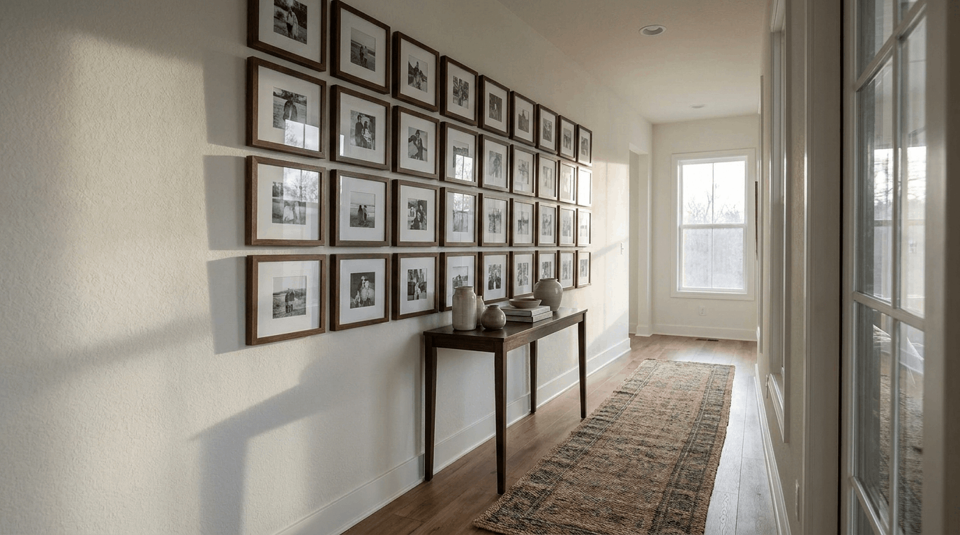 Hallway wall with grid of framed pictures, runner rug along floor, slim console staged below.