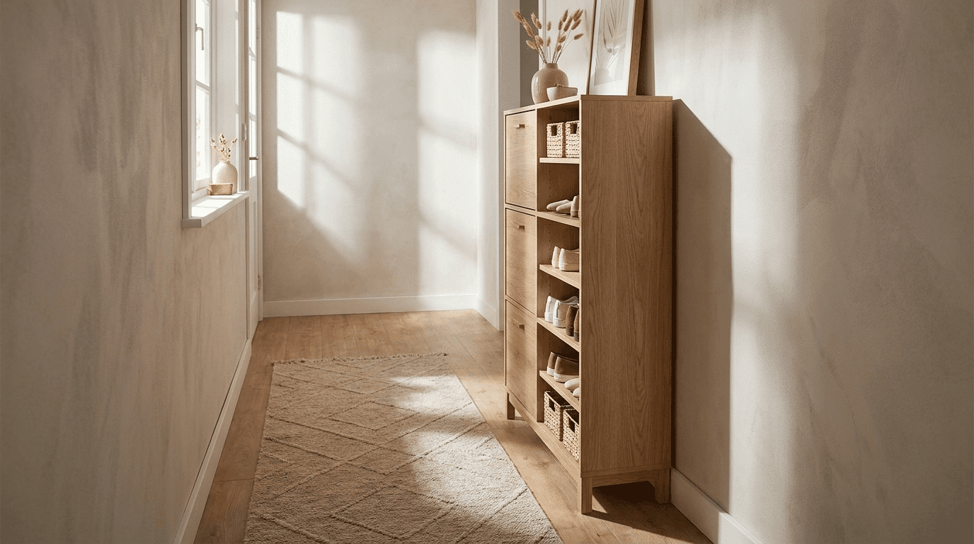 Narrow hallway with slim shoe cabinet, runner rug, small decor items, soft shadows from daylight.