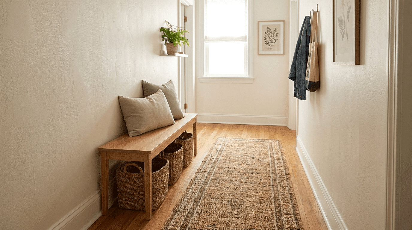 Narrow hallway with slim bench featuring under-seat storage baskets, runner rug on floor, minimal decor.