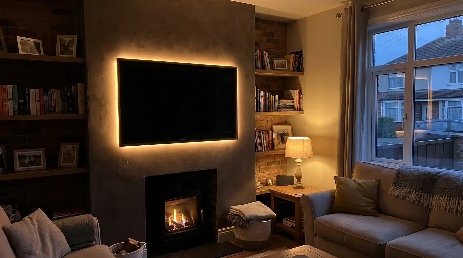 TV in a wall recess with warm white LED halo glow behind the screen in a UK living room at evening