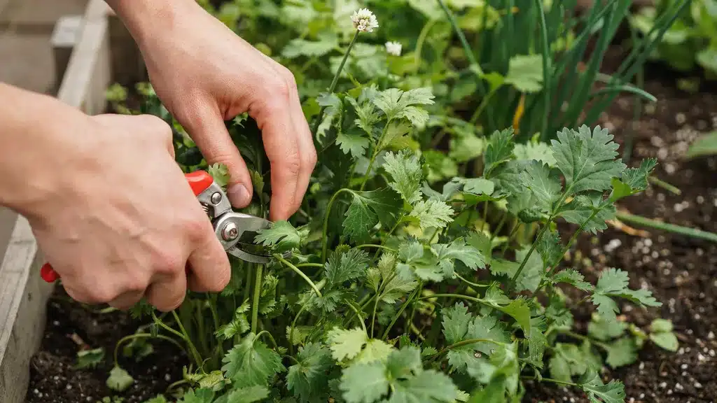 A close-up photo of a person's hands using red-handled garden shears to trim a lush, green cilantro plant in a garden bed