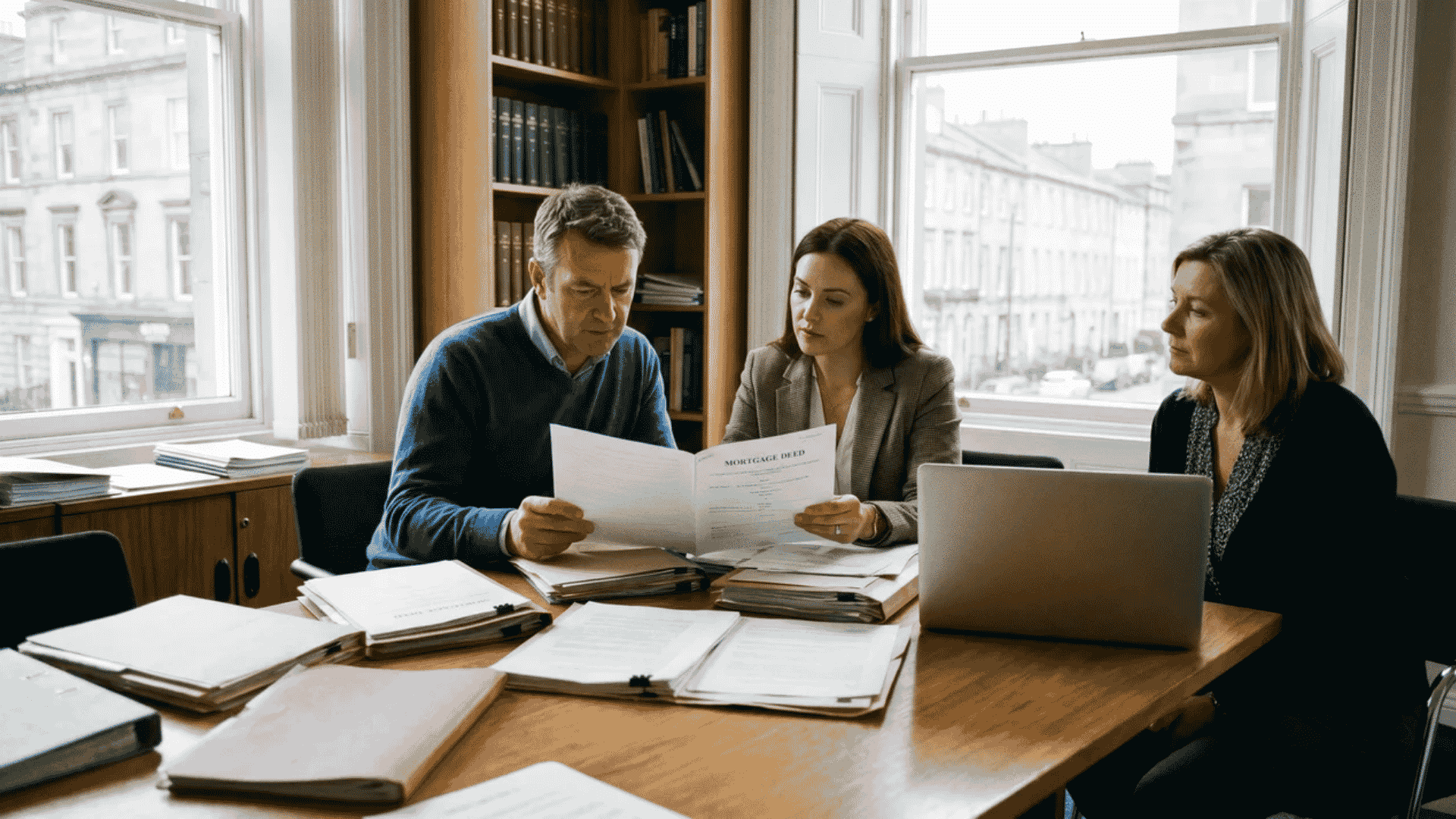Homebuyer and solicitors reviewing documents together, showing what is a mortgage deed during the process.