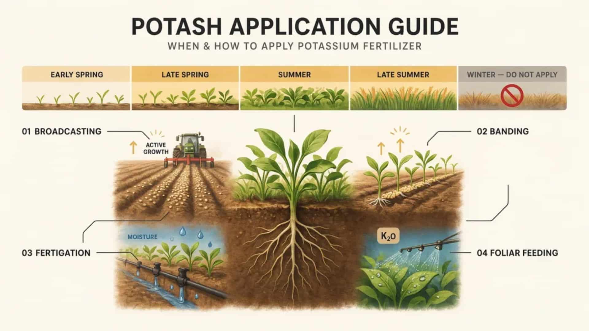 Illustrated potash application guide showing broadcasting, banding, fertigation, foliar feeding across crop growth stages.