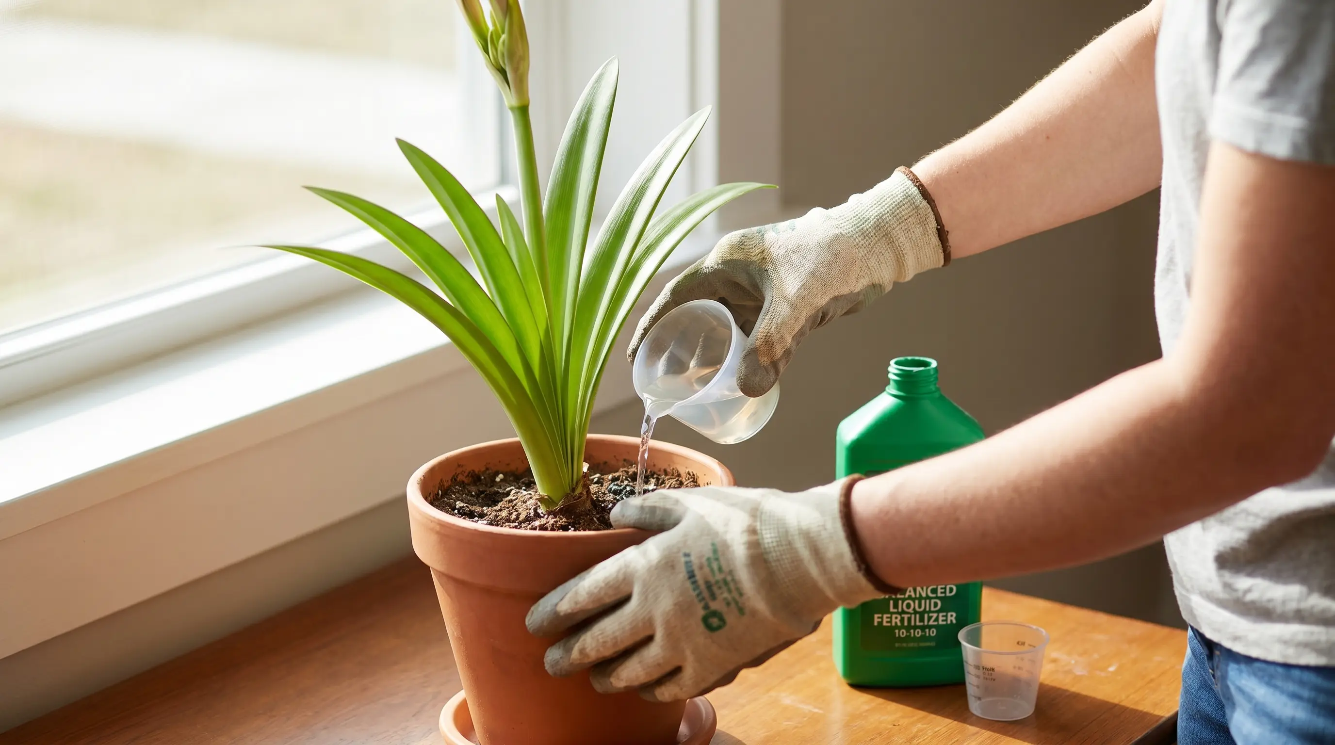 A gardener carefully watering an amaryllis at soil level, showing correct watering technique for amaryllis care.