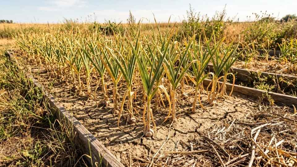 Garlic plants in warm dry climate showing early harvest window signs