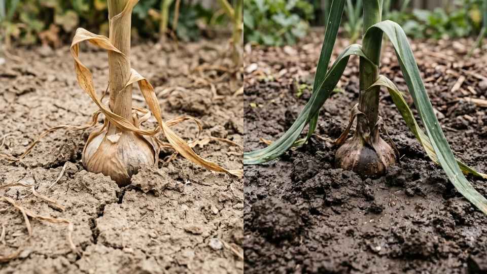 Garlic plants in dry and wet soil showing how moisture affects harvest timing