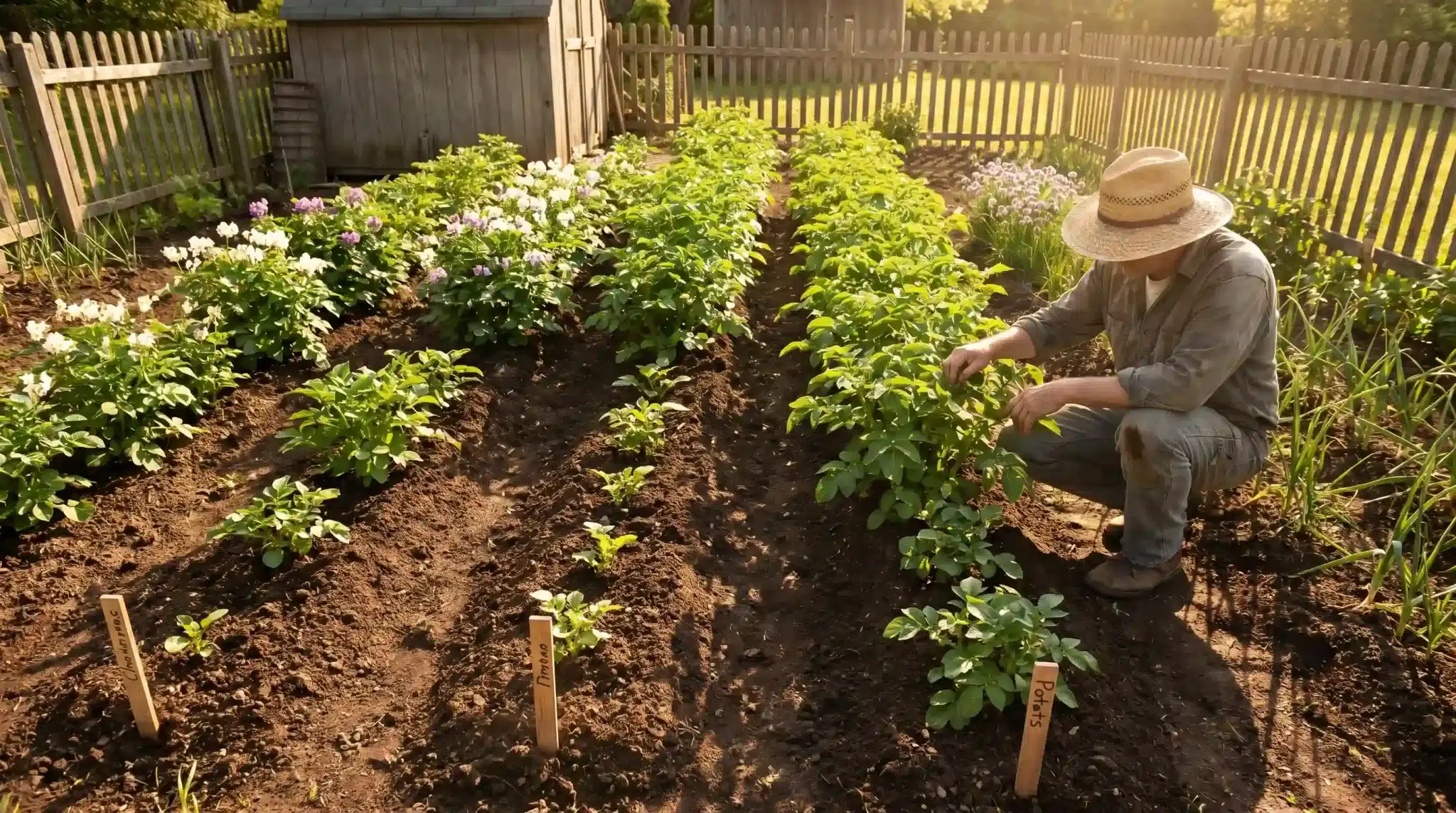 Gardener inspecting healthy potato plants in a sunny garden, illustrating how long do potatoes take to grow.