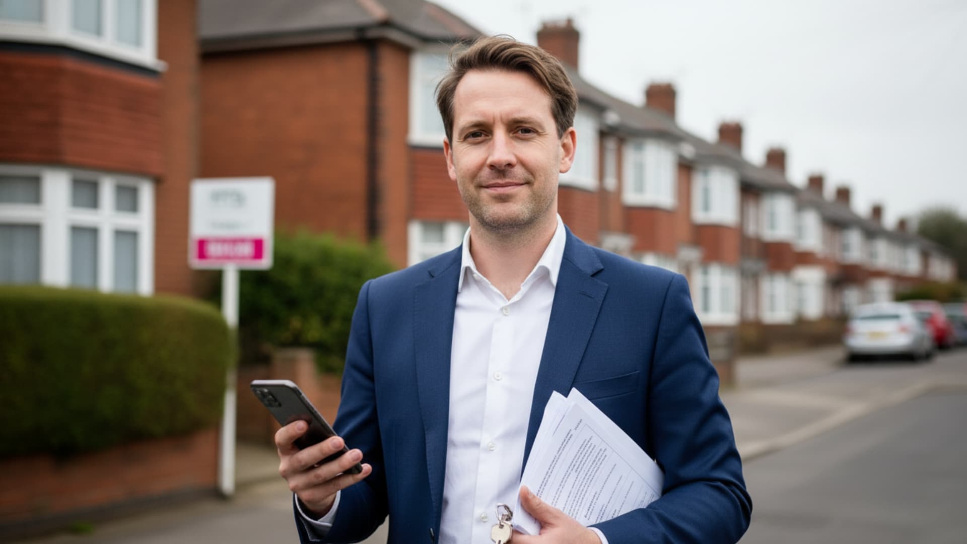 Estate agent in navy suit holding phone and property documents on a UK suburban street with brick homes in background.