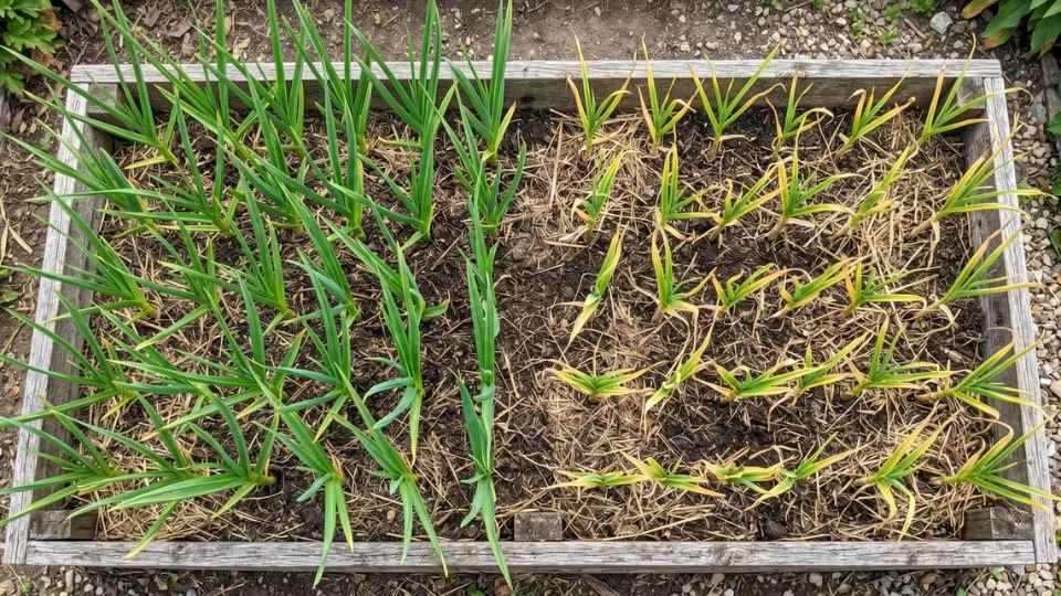 Garlic plants at different growth stages showing how planting time affects harvest timing
