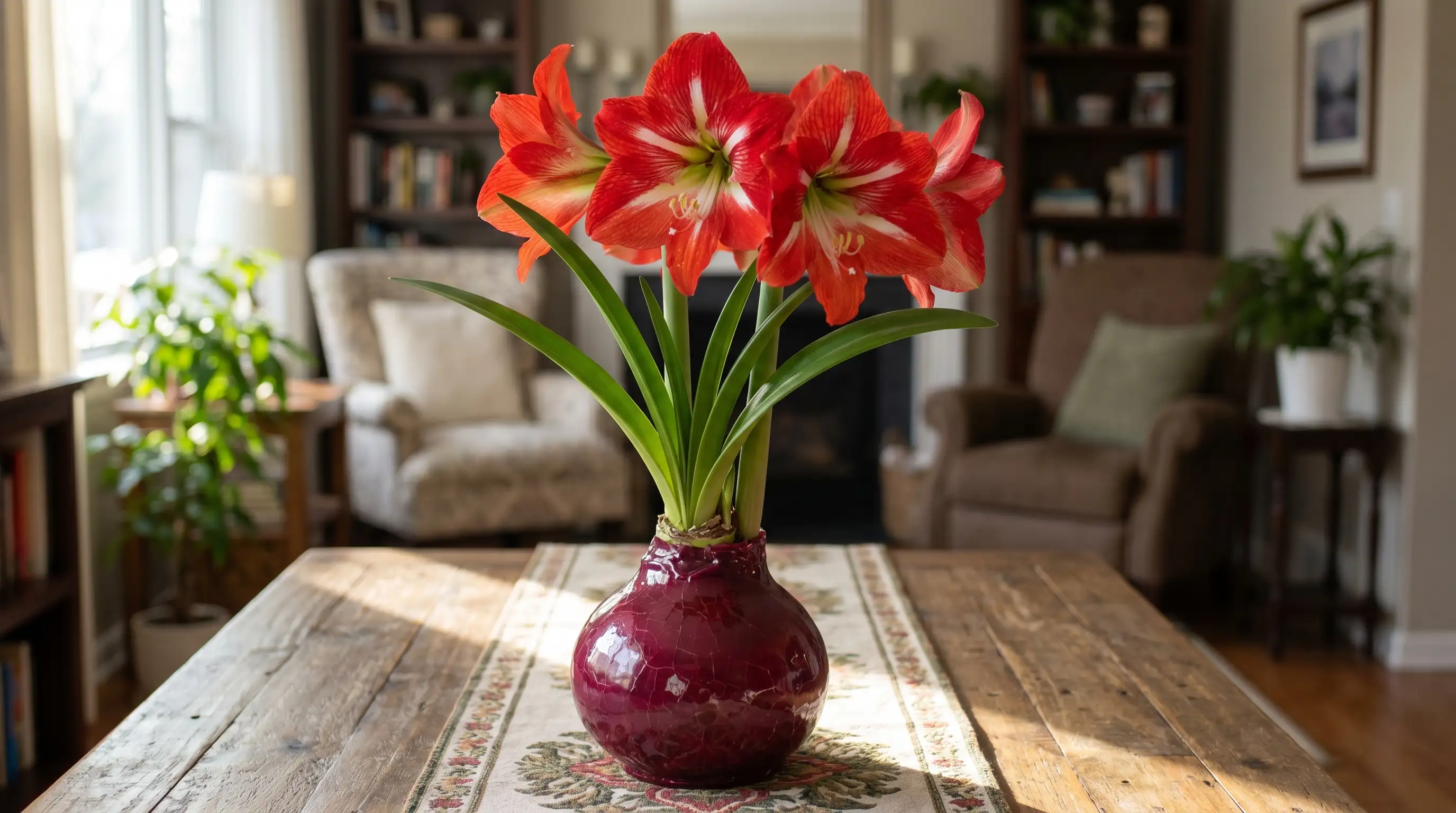 Waxed amaryllis blooming indoors on a table, illustrating special amaryllis care for gift or waxed bulbs.