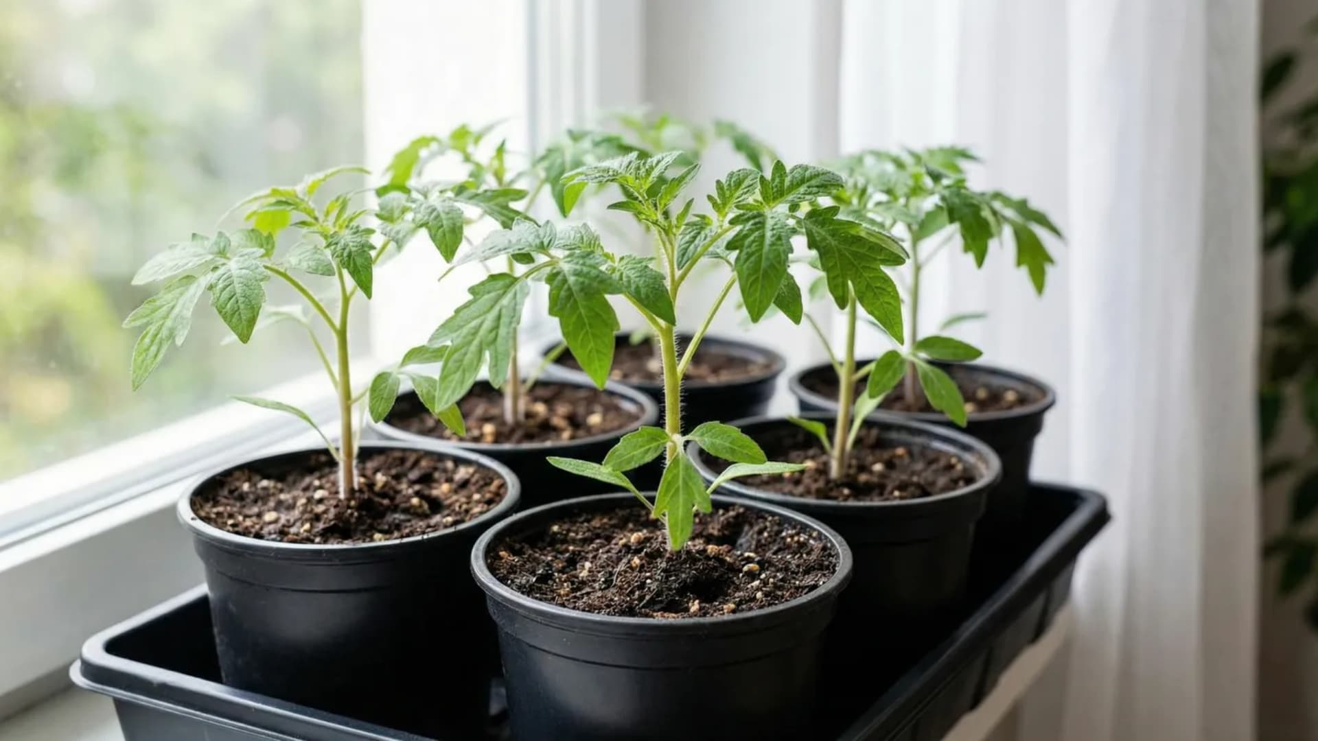 Tomato seedlings in 4-inch pots sitting on a tray near a bright window, recovering after repotting in gentle indirect light