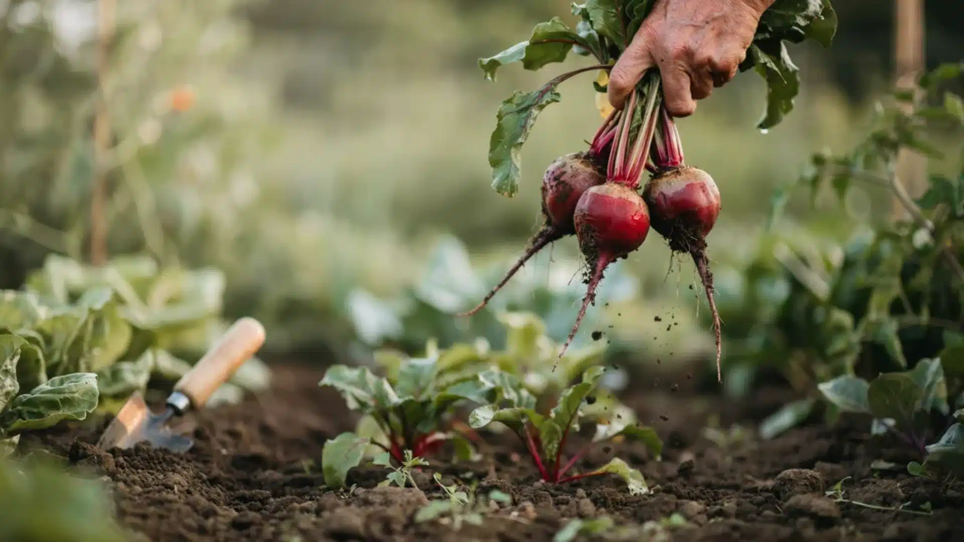 Hand holding freshly harvested beetroot bunches, with green tops and soil still attached, in a garden setting.