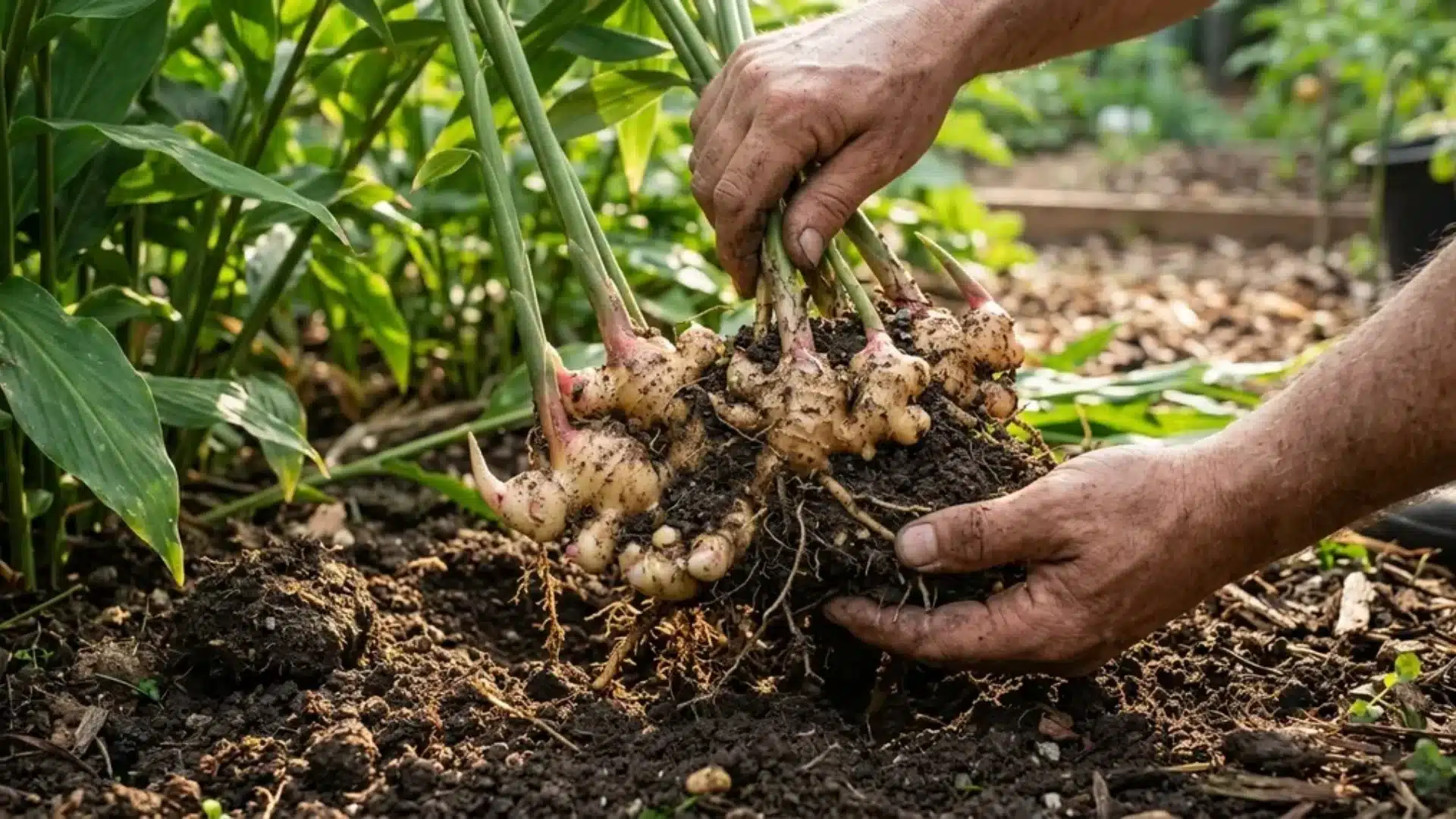 Hands harvesting fresh ginger rhizomes from rich soil in a garden, showing healthy green foliage