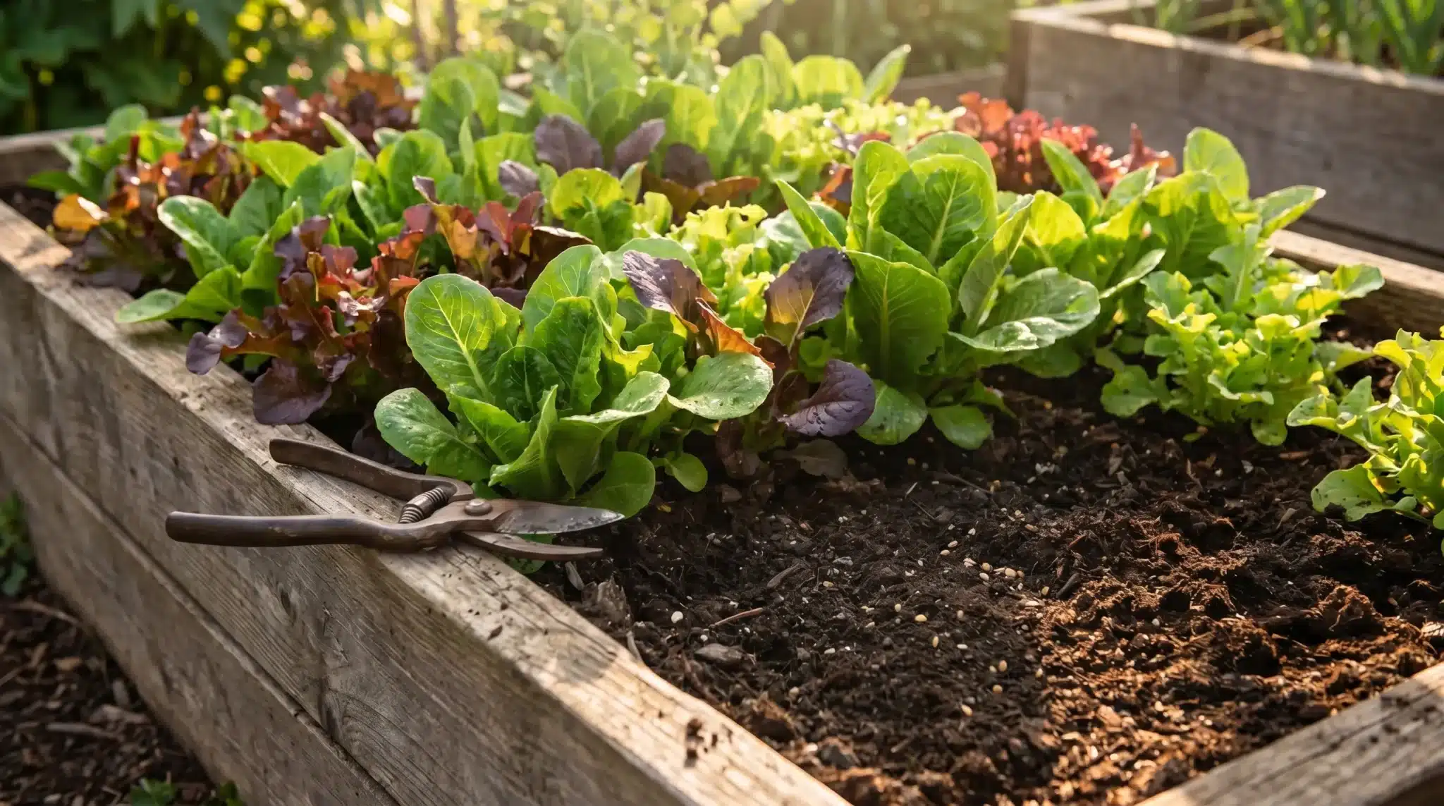 A sunlit backyard garden with a raised bed full of colorful spring mix lettuce, including red, green, and purple leaves.