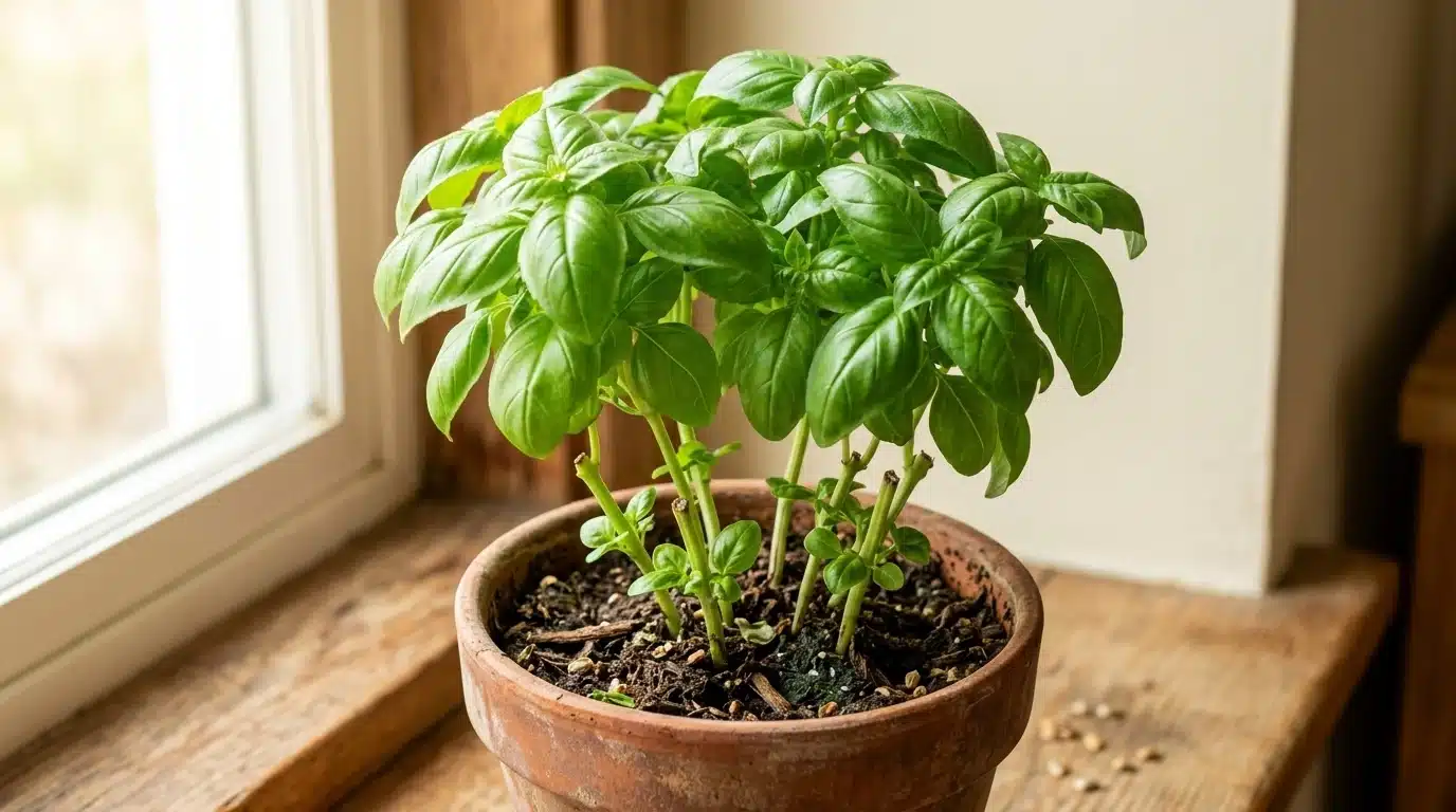 How to grow basil: healthy basil plant showing proper harvest cuts above leaf nodes to encourage bushy regrowth.