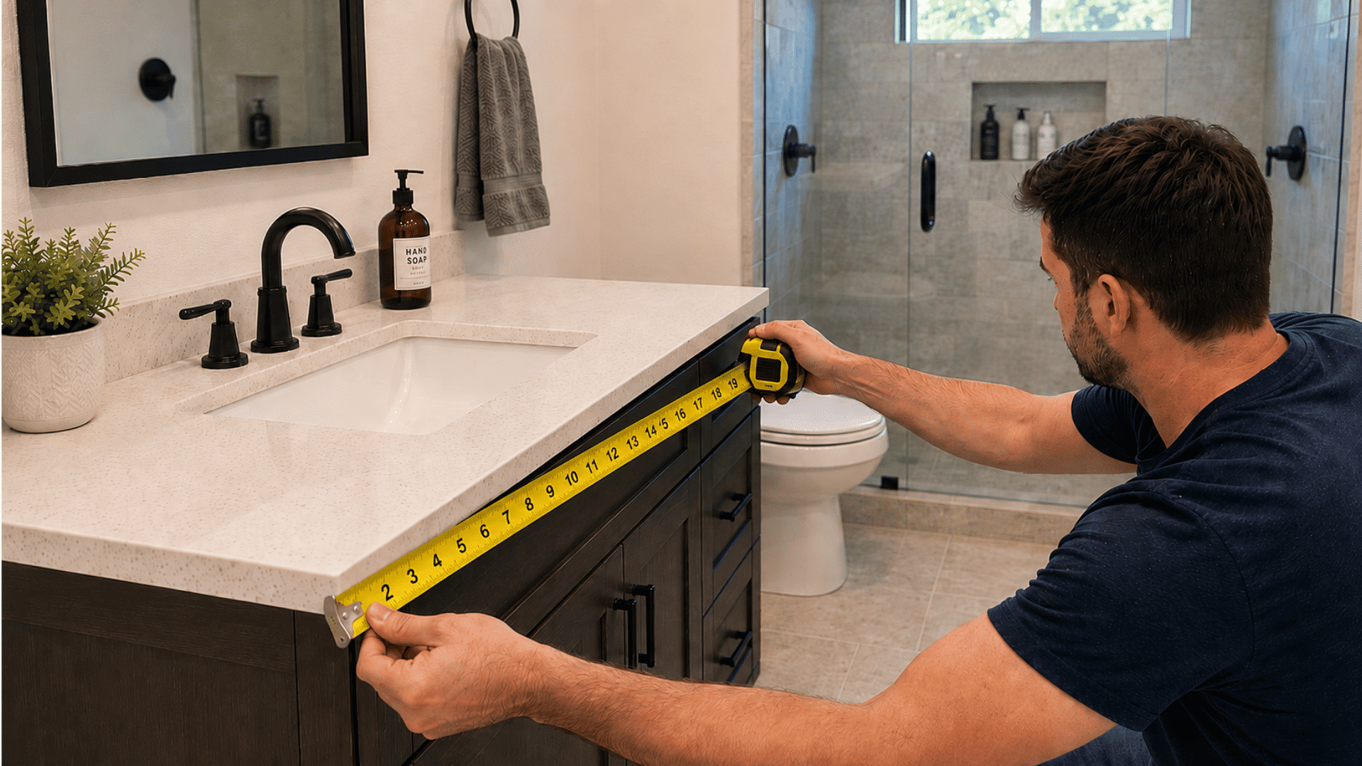 Man measuring a bathroom vanity with a tape measure in a modern bathroom with dark cabinets and white countertop.