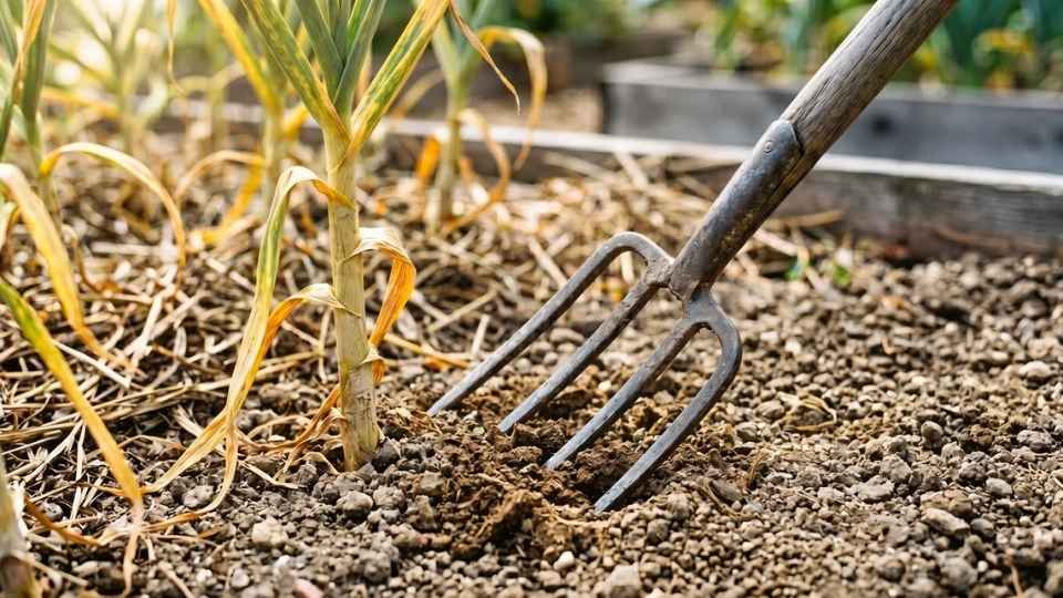 Garlic plants in dry and wet soil showing how moisture affects harvest timing