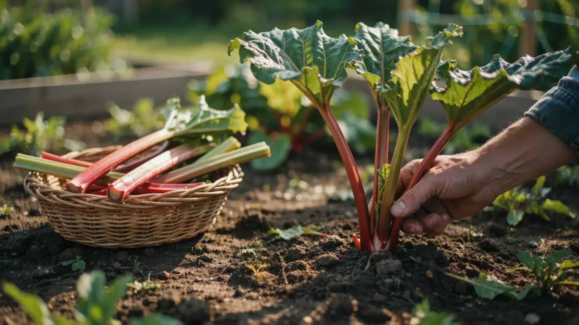 Close-up of hands gently pulling rhubarb stalks from soil into a basket with healthy leafy plants.