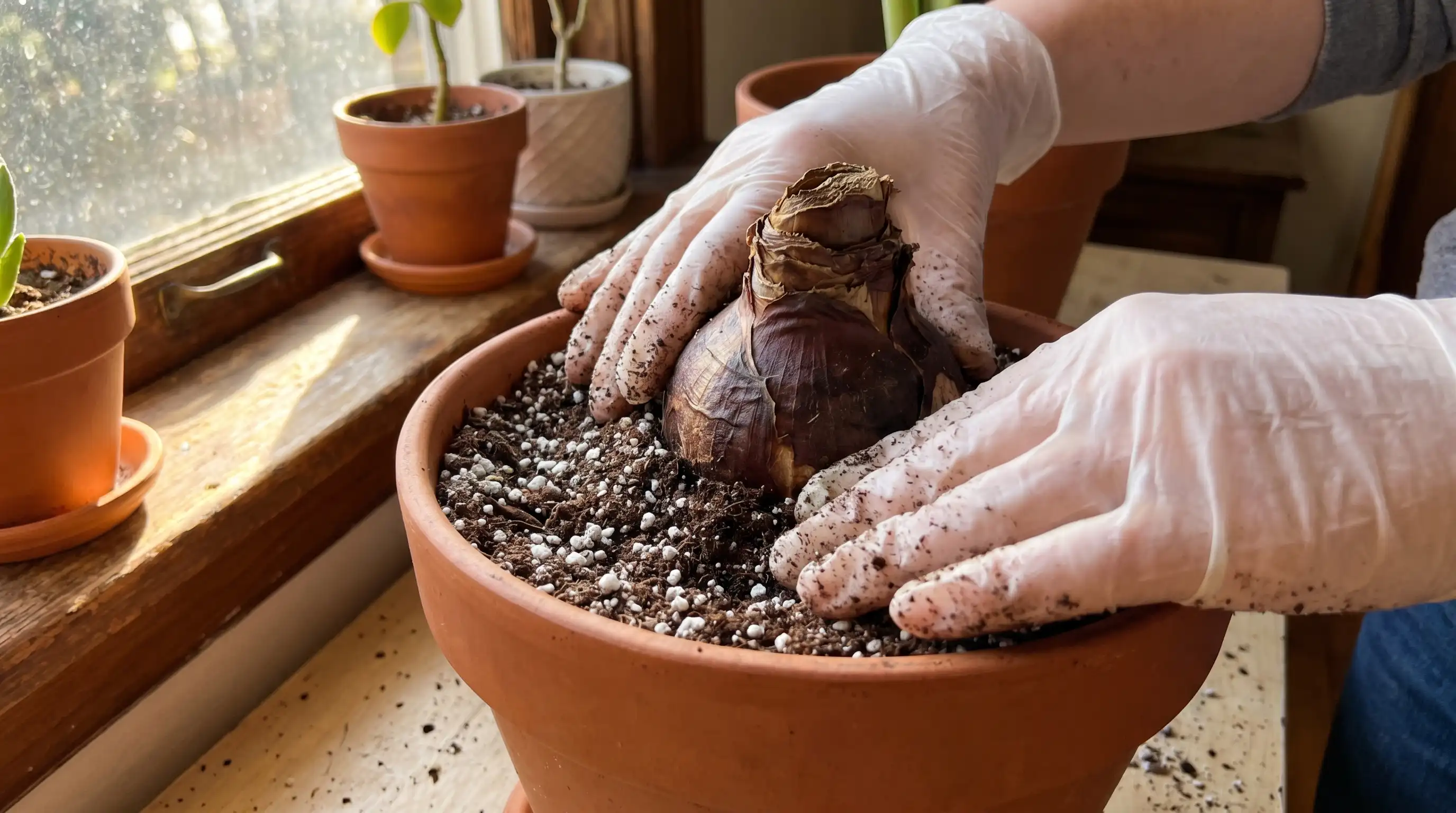 Hands planting an amaryllis bulb in a pot indoors, demonstrating proper amaryllis care for healthy growth.