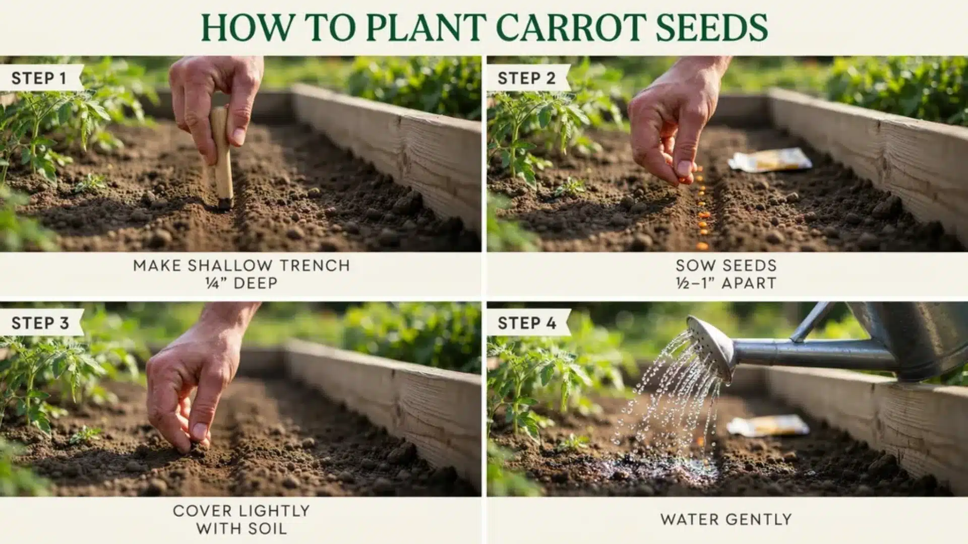 Step-by-step planting of carrot seeds in soil, showing shallow trenching, sowing, and gentle watering