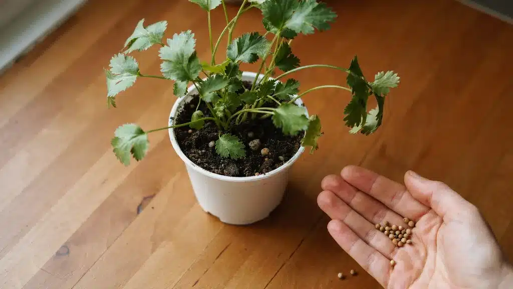 potted cilantro plant with bright green, serrated leaves growing in a white plastic container.