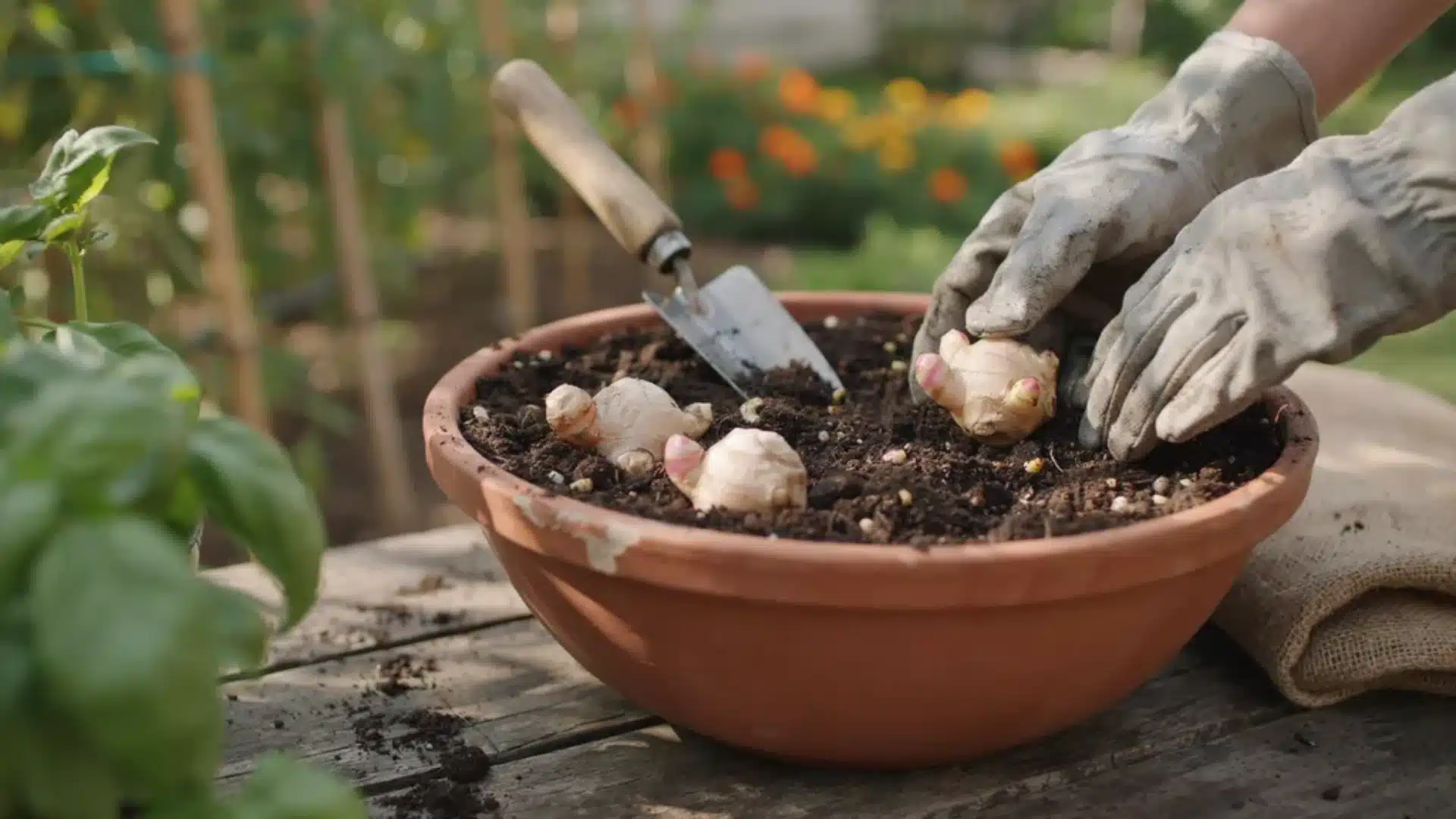 Planting ginger rhizomes in a terracotta pot with soil, ready for growth.