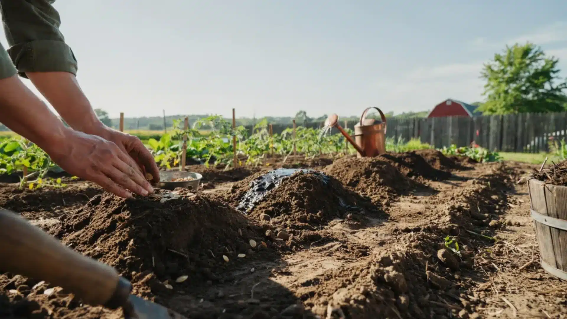 Garden soil with small holes ready for pumpkin seeds, a trowel, and scattered seeds nearby.