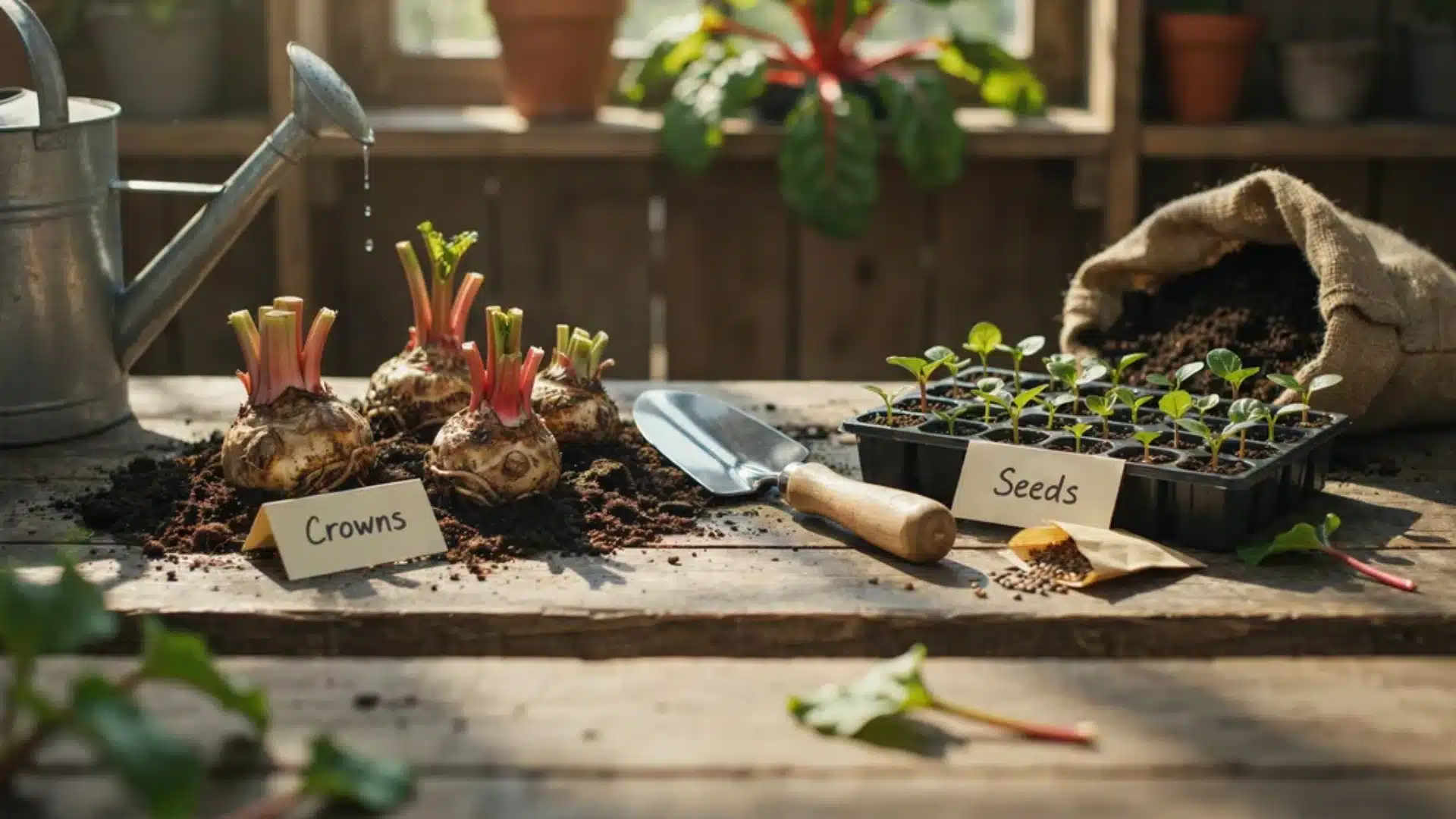 Table display of rhubarb crowns and seedlings labeled “Crowns” and “Seeds” ready for planting.